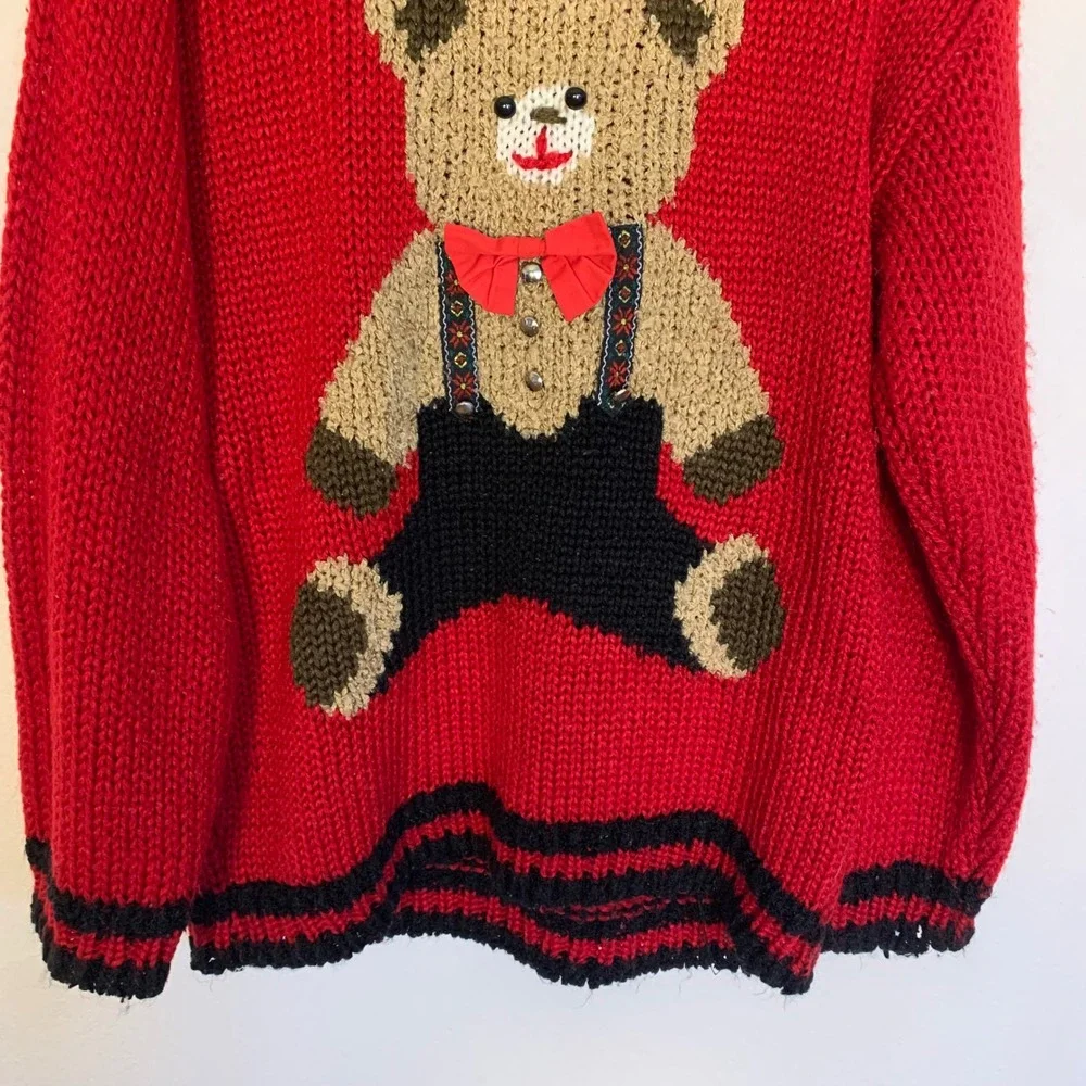 Vintage 1980s Teddy Bear Knit Sweater Hand Knit Red Black Novelty Pullover XL 18 - Picture 3 of 16
